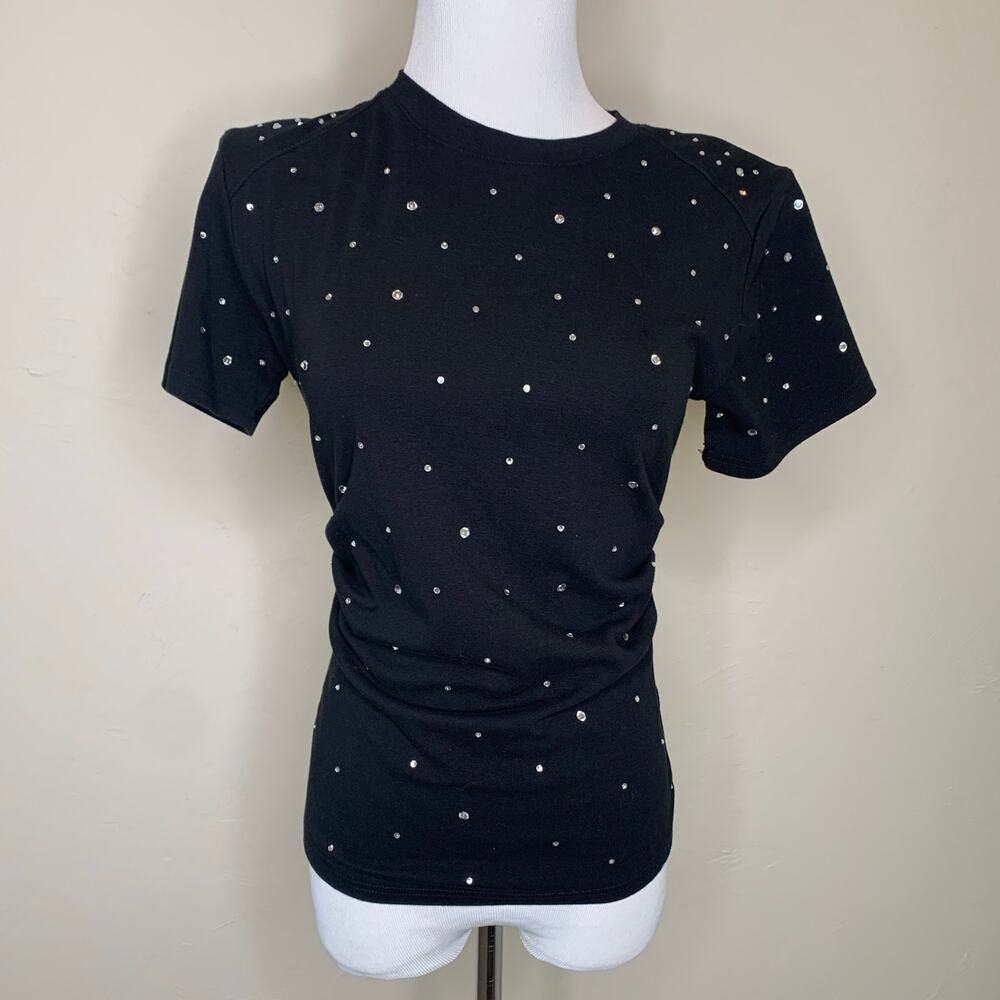 Balboa Black Rhinestone Fitted Ruched T shirt Sz Medium